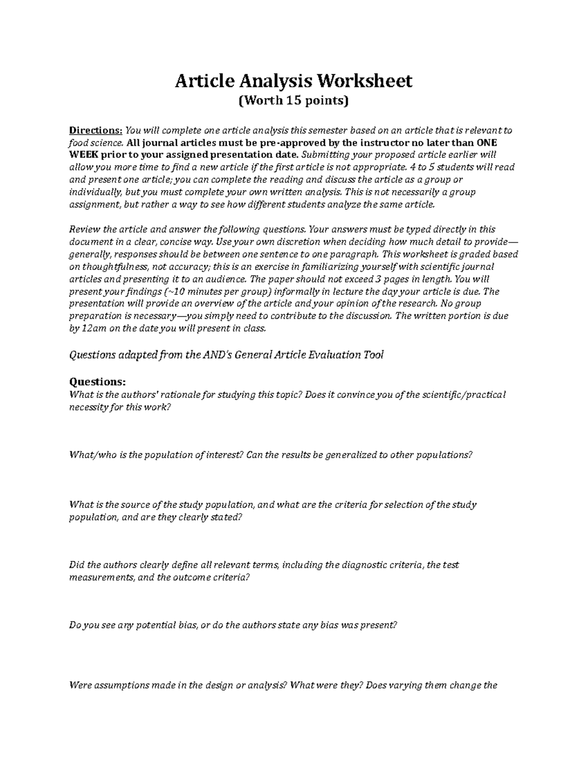 Article Analysis Worksheet