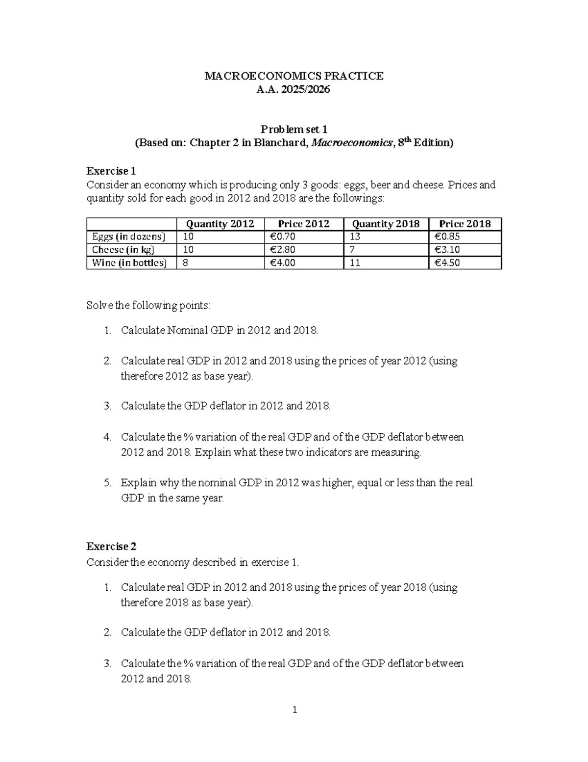 MACROECONOMICS A.A. Problem Set 1: GDP Calculations & Analysis - Studocu