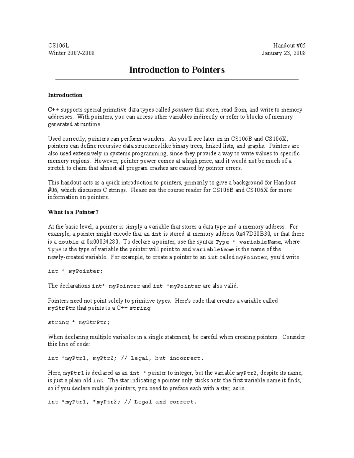 CS106L: Introductory Handout on C++ Pointers and Memory Management ...