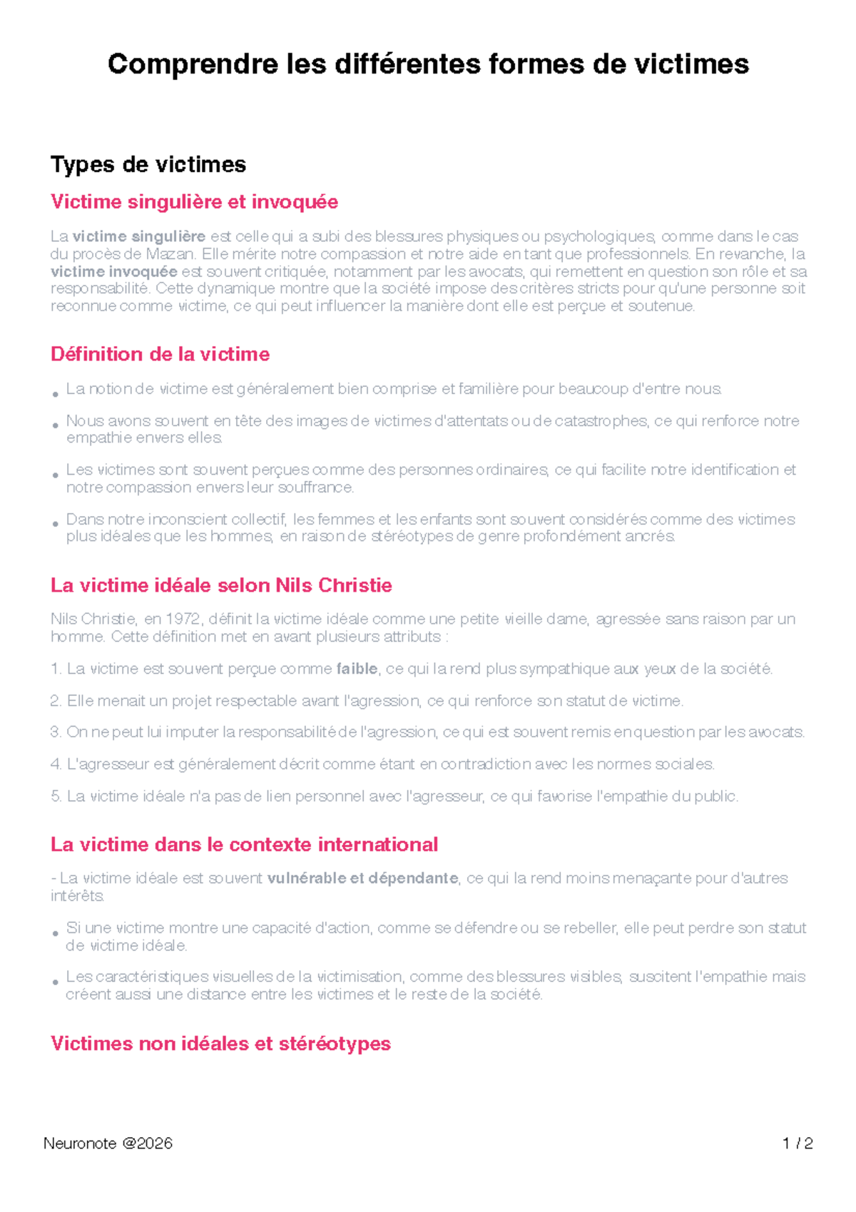 Synthèse sur les Types de Victimes et la Victime Idéale - Neuronote ...