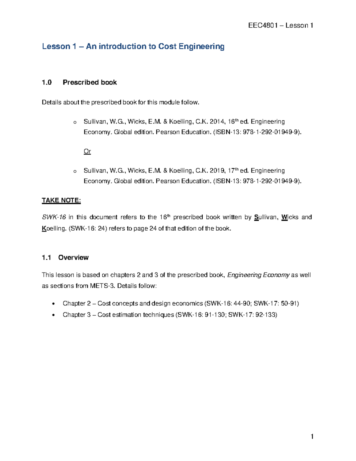 EEC4801 Lesson 1: Introduction to Cost Engineering Concepts - Studocu