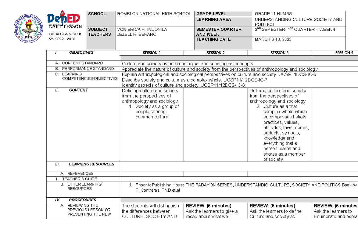 UCSP11DCS-IC - Week 2 Lesson Plan on Culture & Society Concepts - Studocu