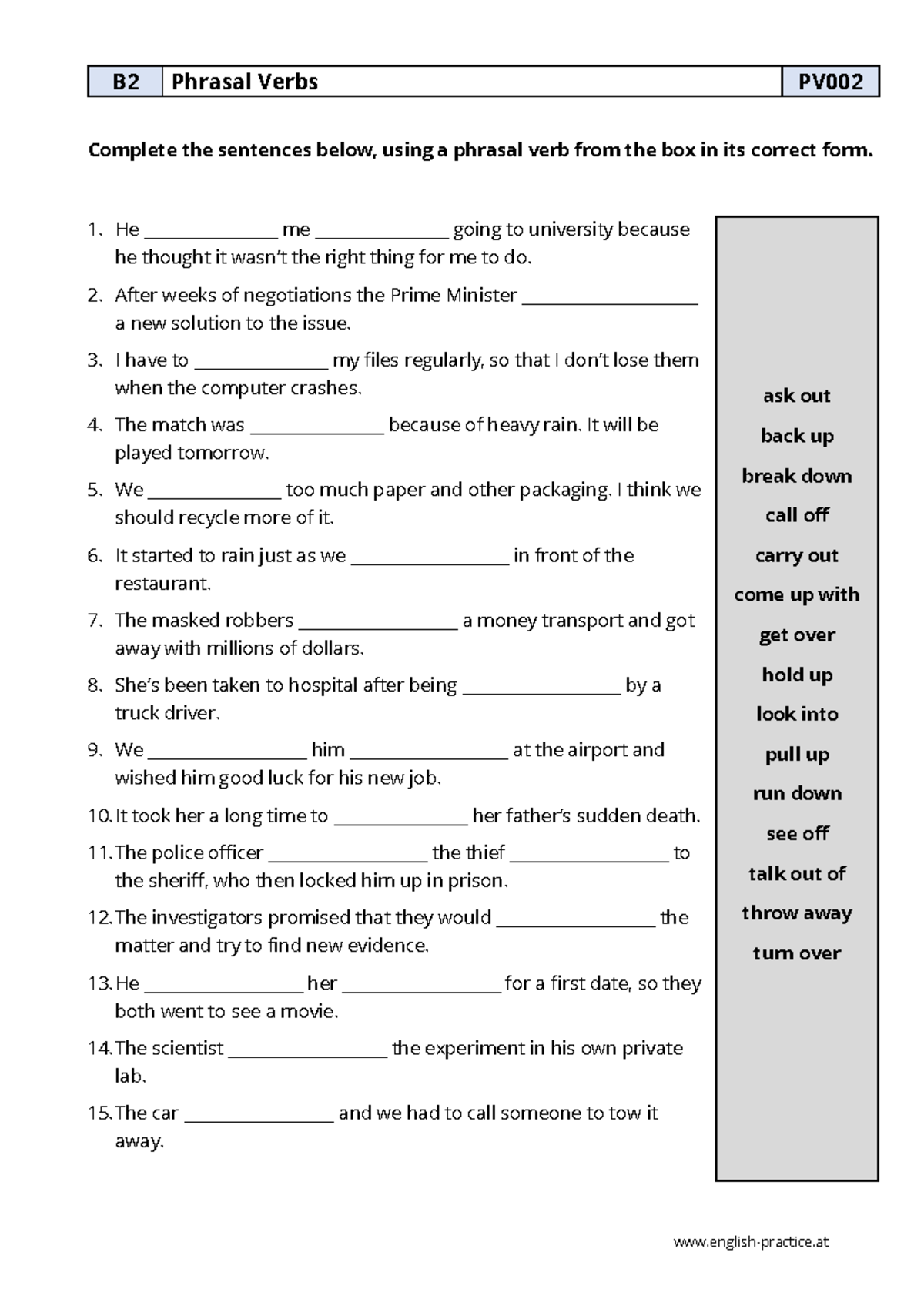 B2 Phrasal Verbs PV - Practice Exercises and Answers - Studocu