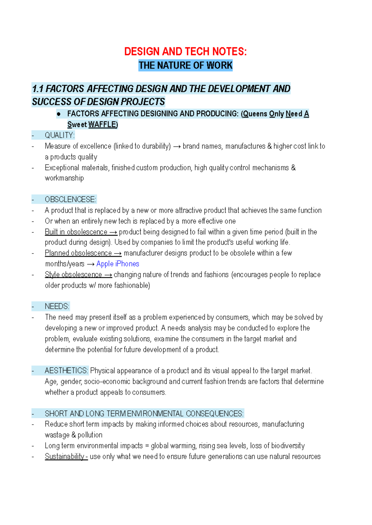 Design and Technology Notes HSC: Factors Influencing Design Success ...