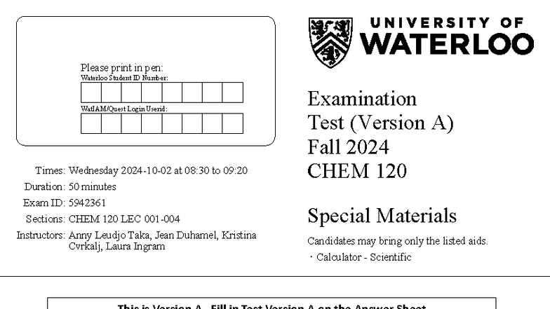 CHEM 120 Fall 2024 Exam - Version A-2 Details - Studocu