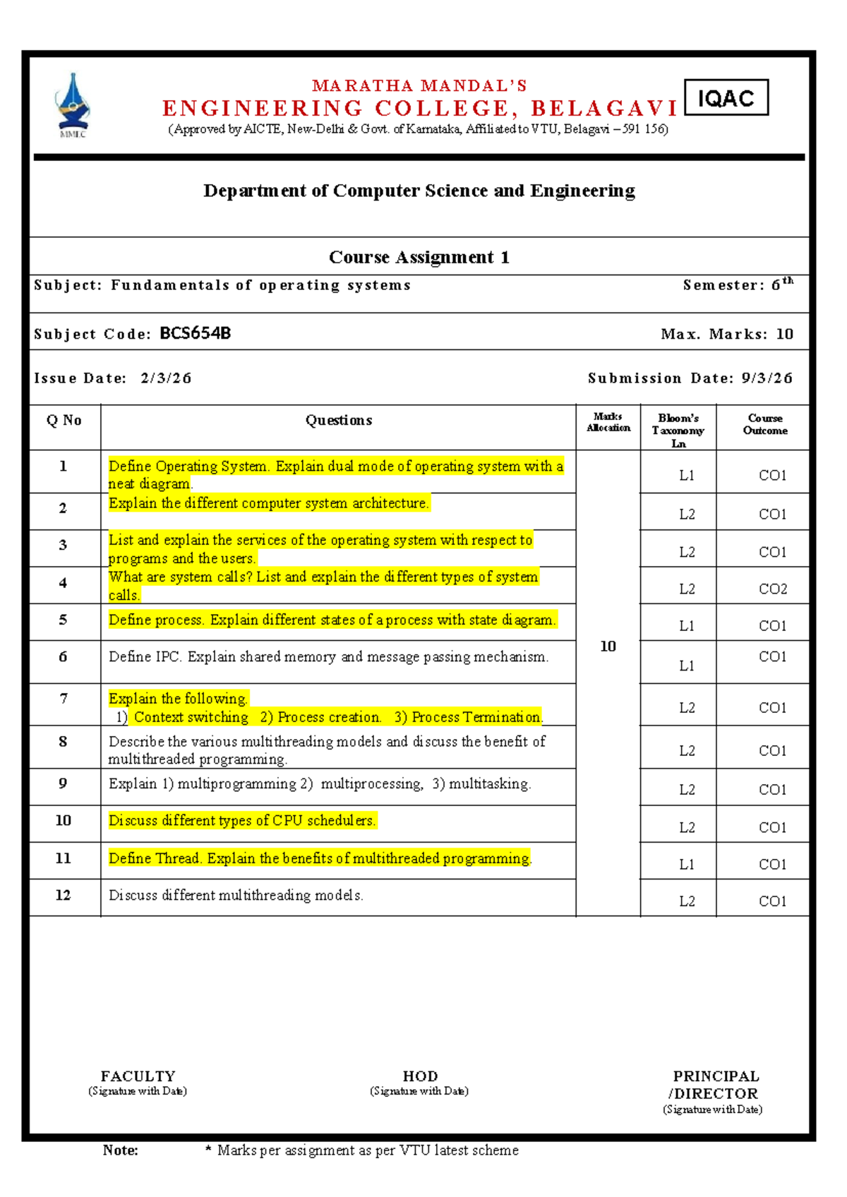FOS Assignment 1 - Fundamentals of Operating Systems (BCS654B) - Studocu