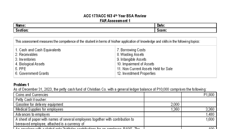 ACC 163 4th Year BSA FAR Assets Practice Set Review - Studocu