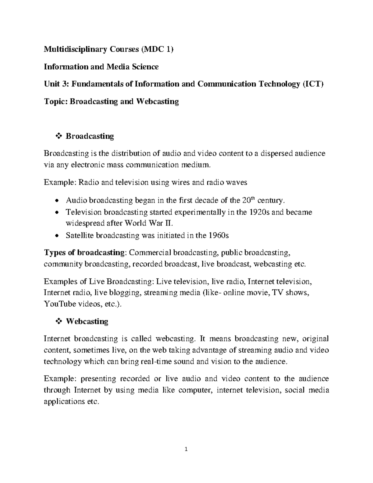 MDC 1 Unit 3: Broadcasting & Webcasting in ICT Fundamentals - Studocu