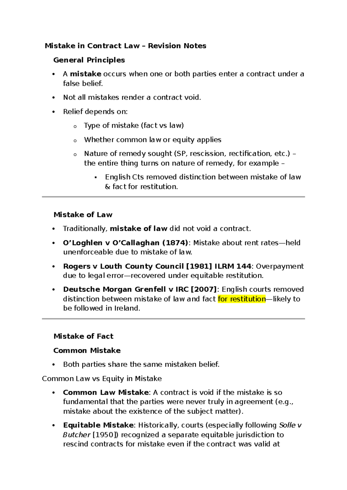 Contract Law Revision Notes: Mistakes and Remedies Overview - Studocu