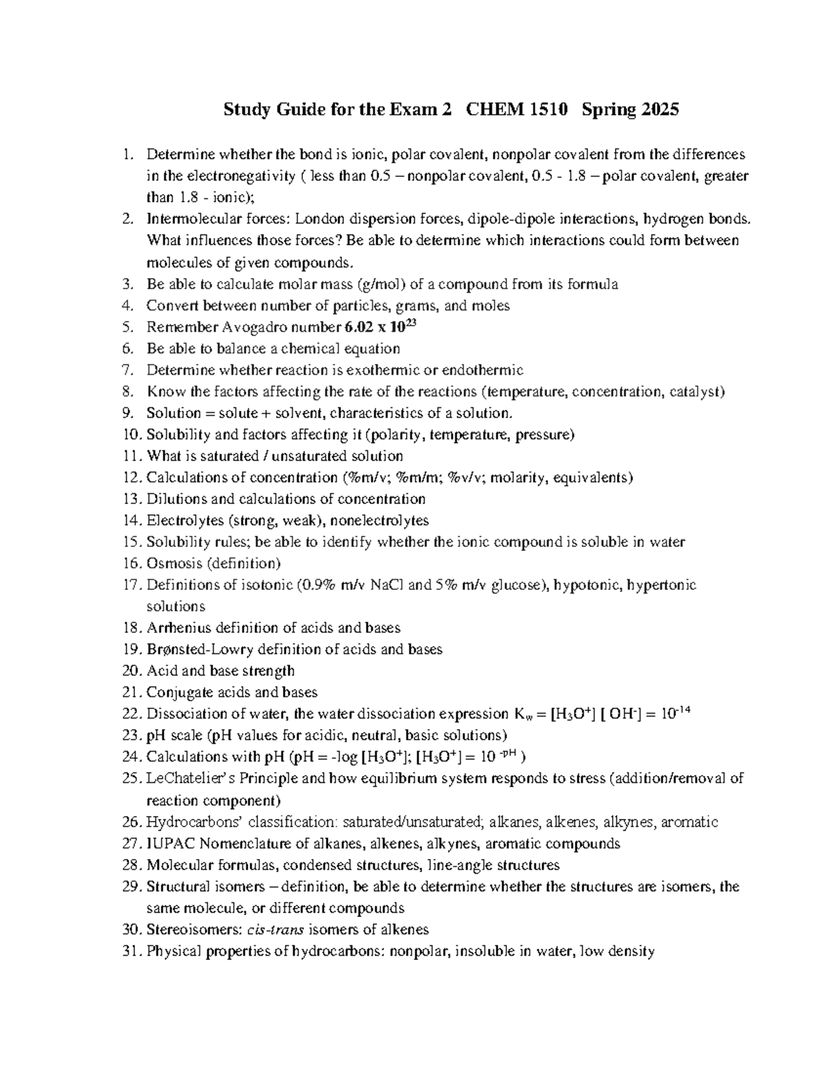 CHEM 1510 Exam 2 Study guide S25 - Study Guide for the Exam 2 CHEM 1510 ...