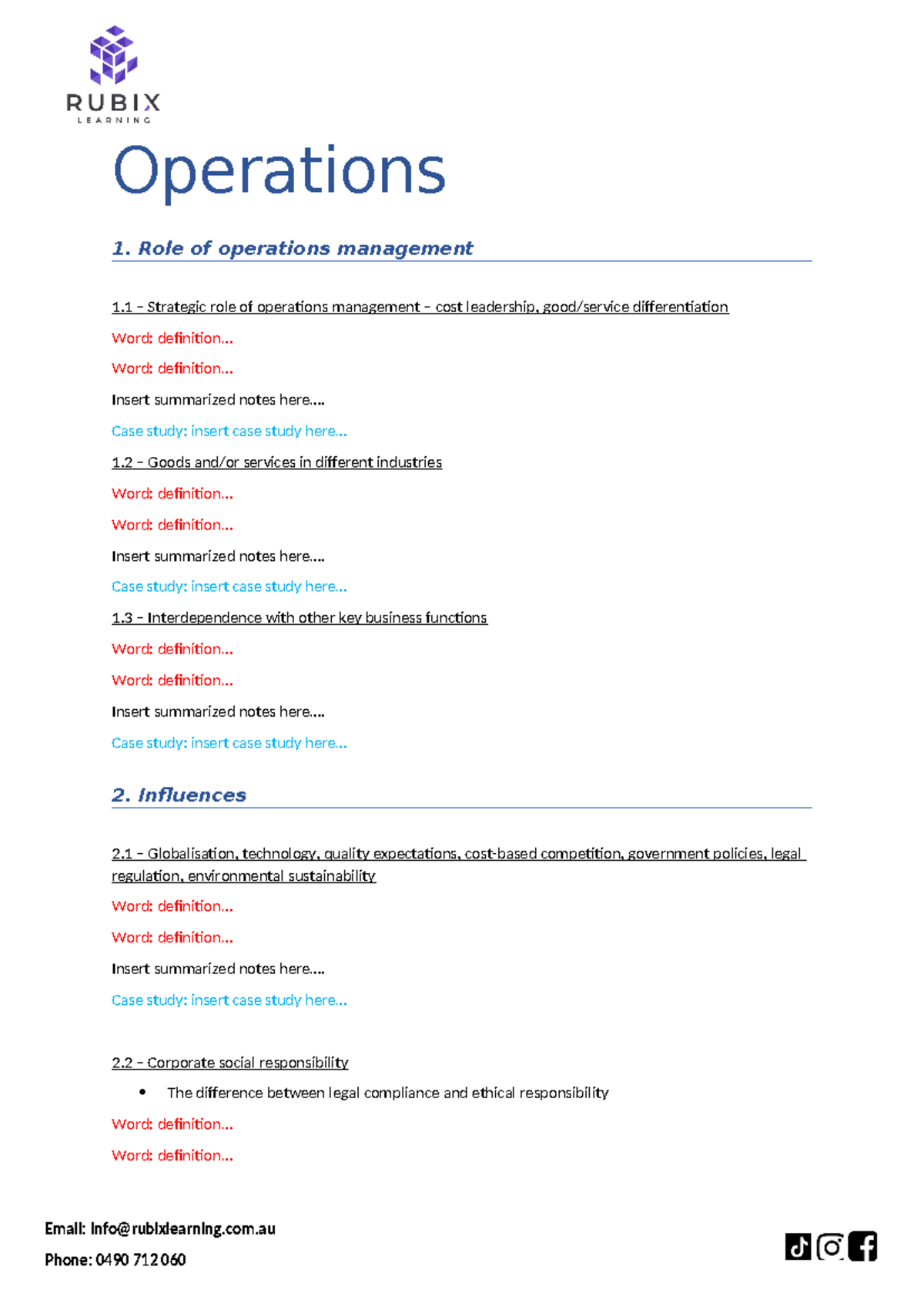 Business Studies Notes Template - Rubix Learning (BUS101) - Studocu
