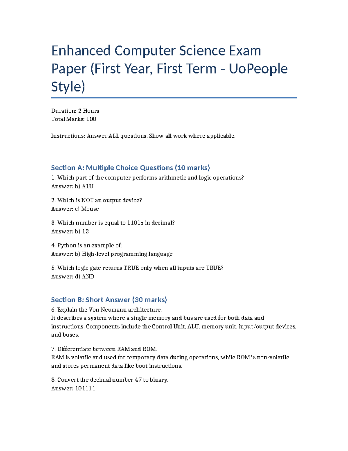 Enhanced CS101 Exam Paper: First Year, First Term - Studocu