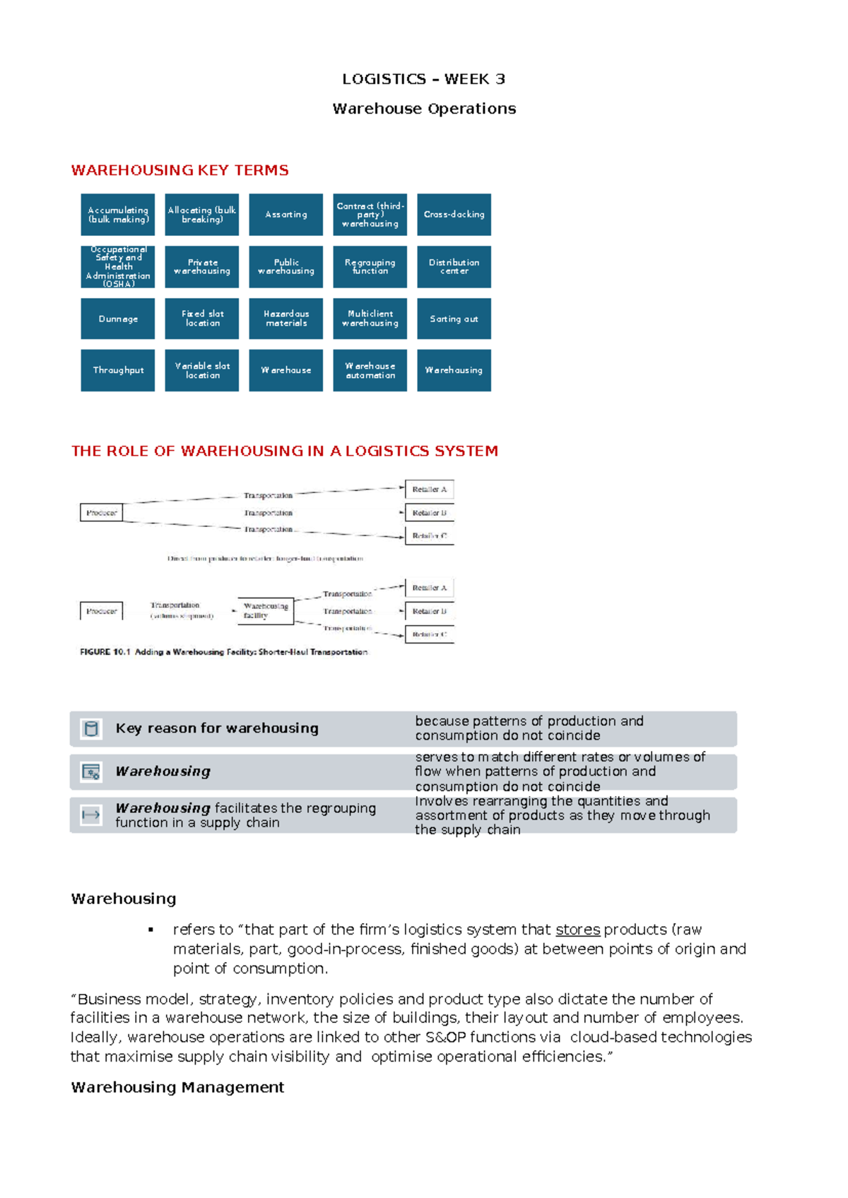Logistics WEEK 3 - Apuntes completos - LOGISTICS – WEEK 3 Warehouse ...
