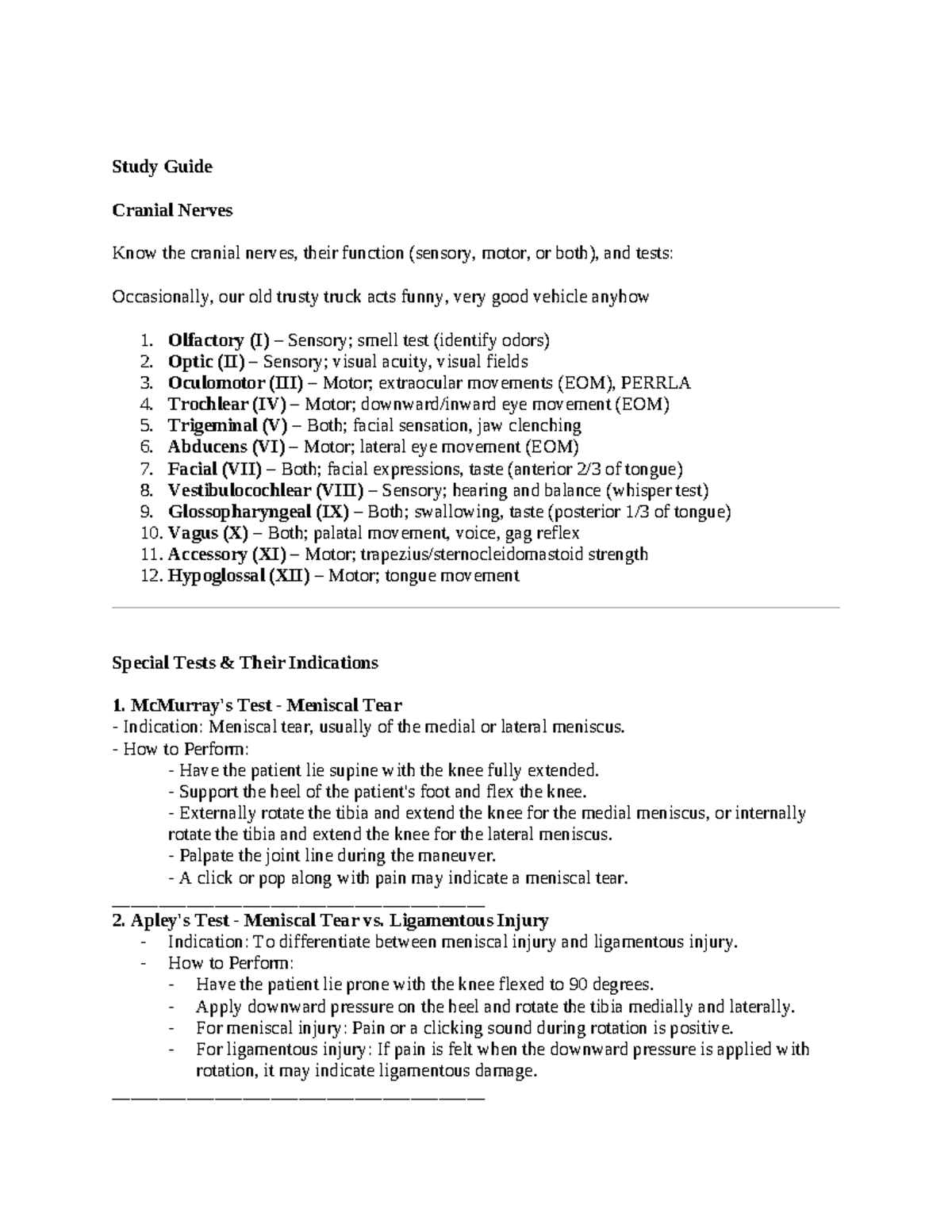 Exam 3 Guide: Cranial Nerves & Clinical Assessments - Studocu