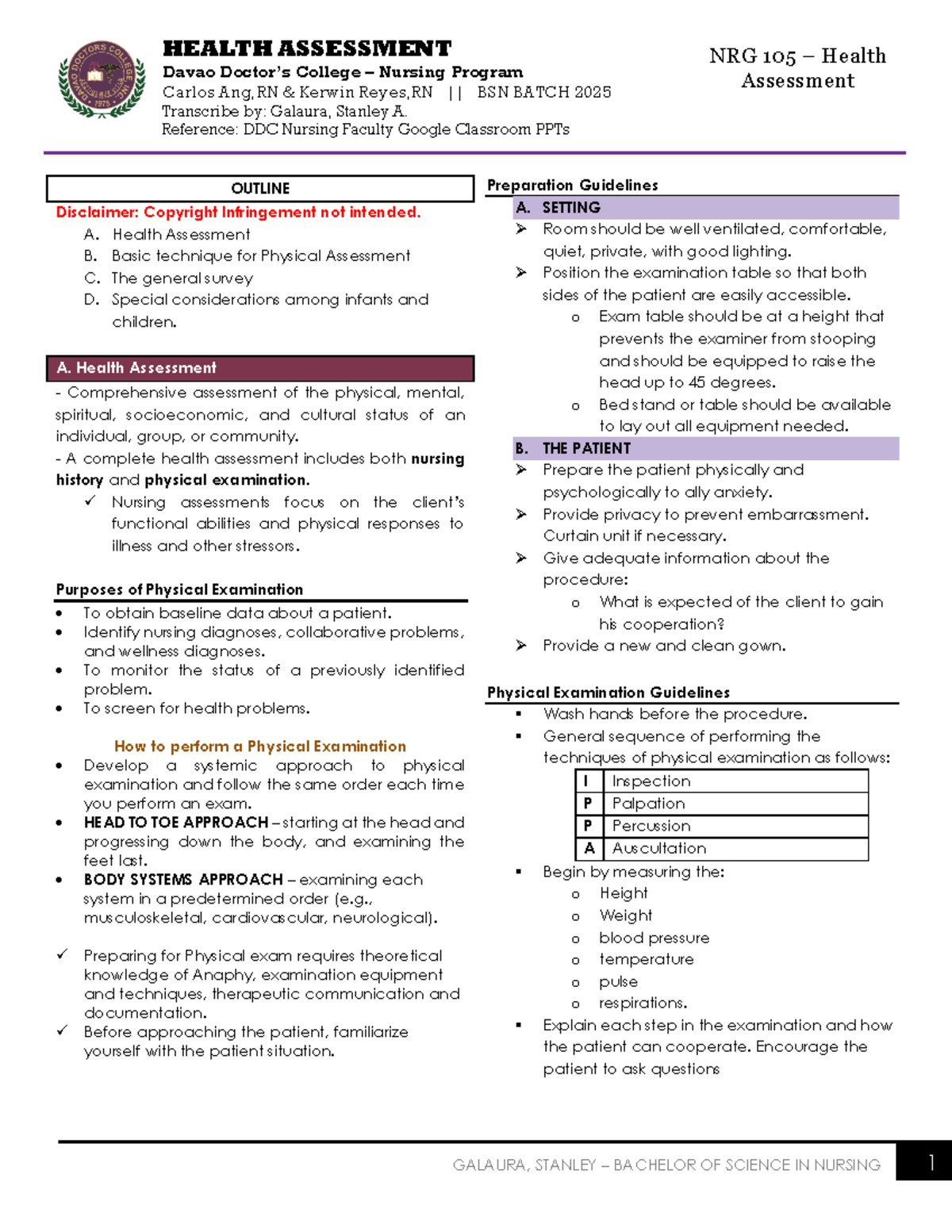 Nursing Health Assessment NRG 105: General Survey & Vital Signs - Studocu