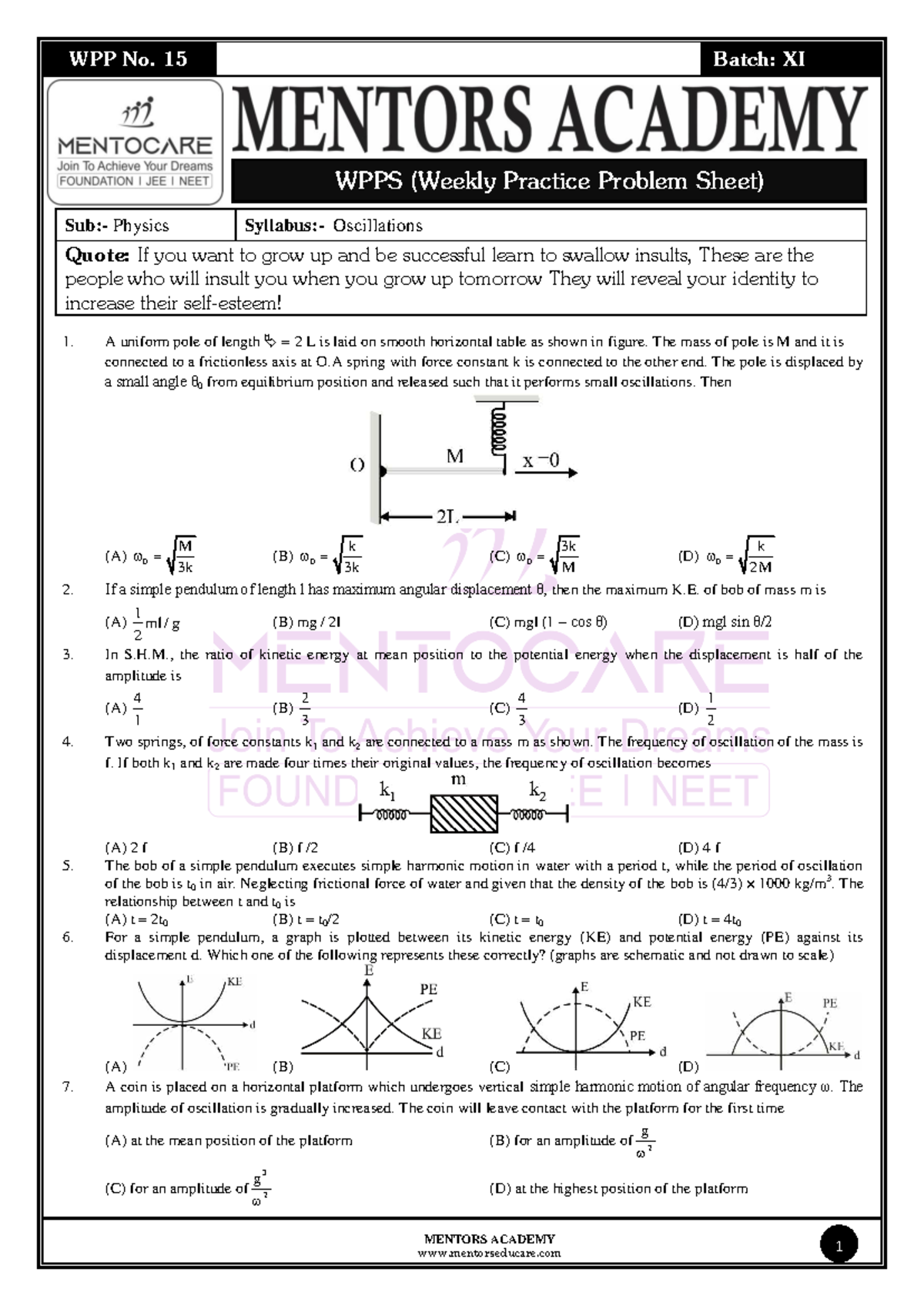 Physics Class - 11 WPP No. 15: Oscillations Practice Problems - Studocu