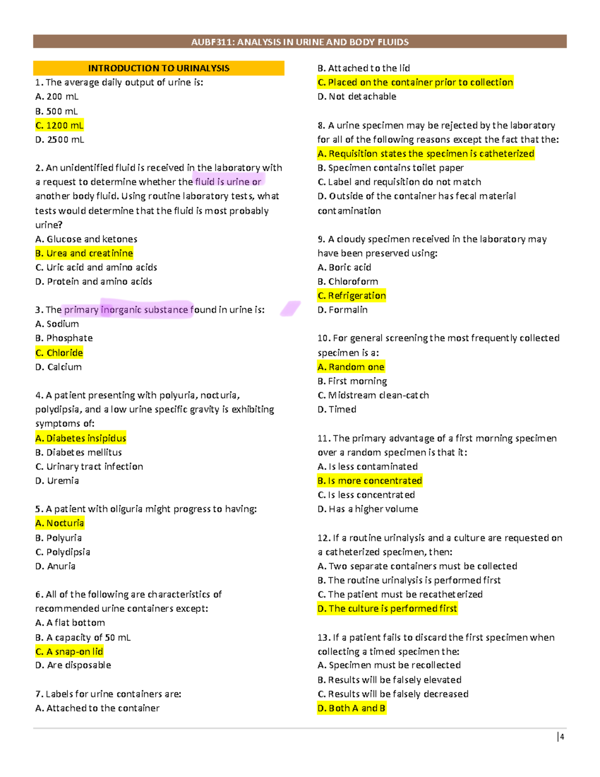 AUBF 2021 Final Exam Study Questions on Urinalysis (Strasinger 7e ...