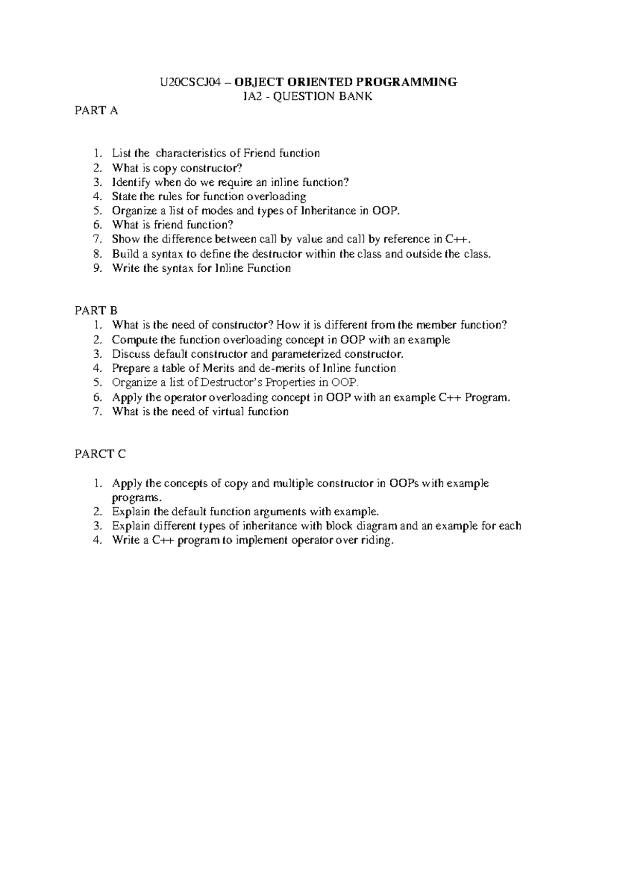 U20CSCJ04 IA2QB - QUESTION BANK - U20CSCJ04 – OBJECT ORIENTED ...