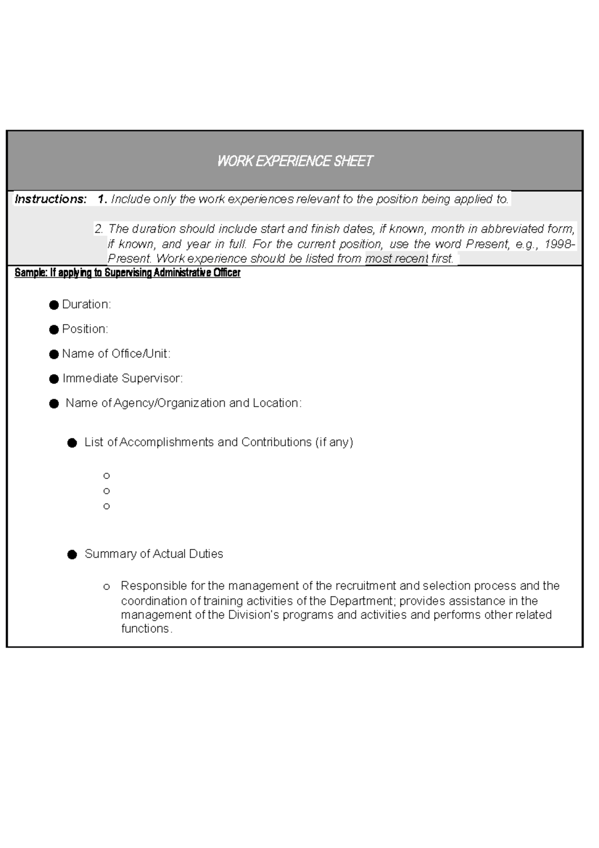 Work Experience Sheet Sample (cs form no. 212 attachment) - WORK ...