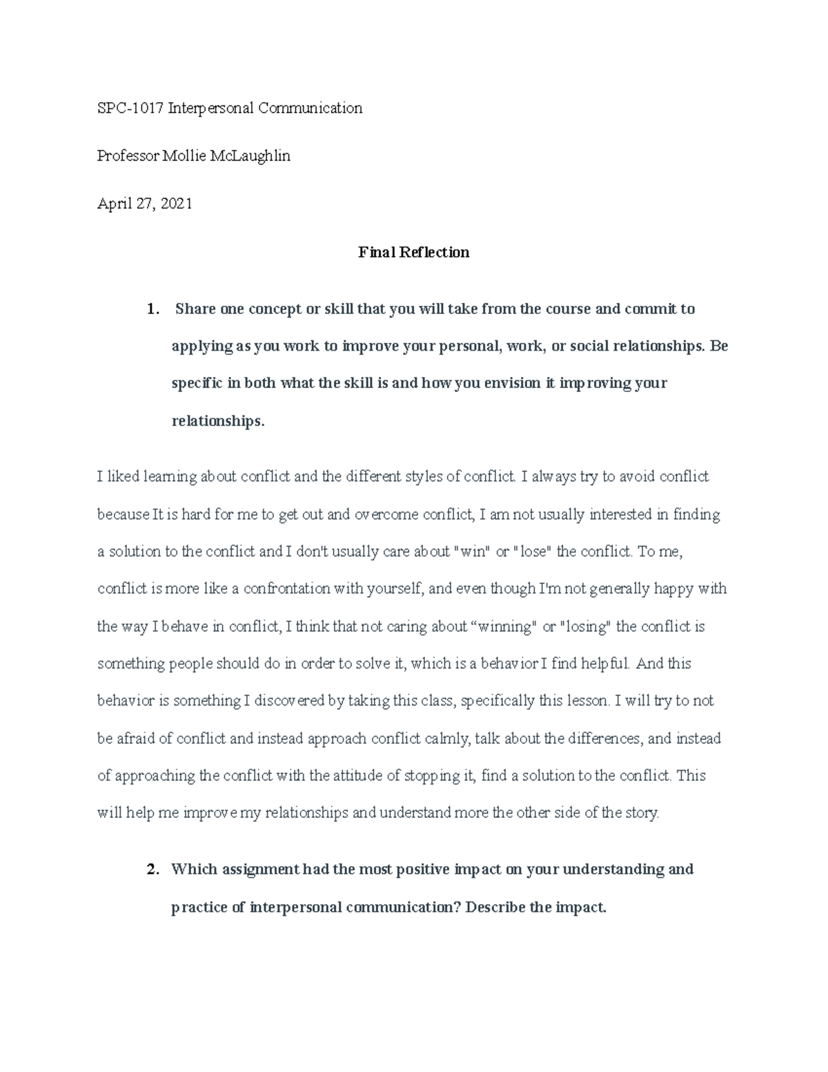 Final Reflection - Interpersonal Communication - SPC-1017 Interpersonal ...