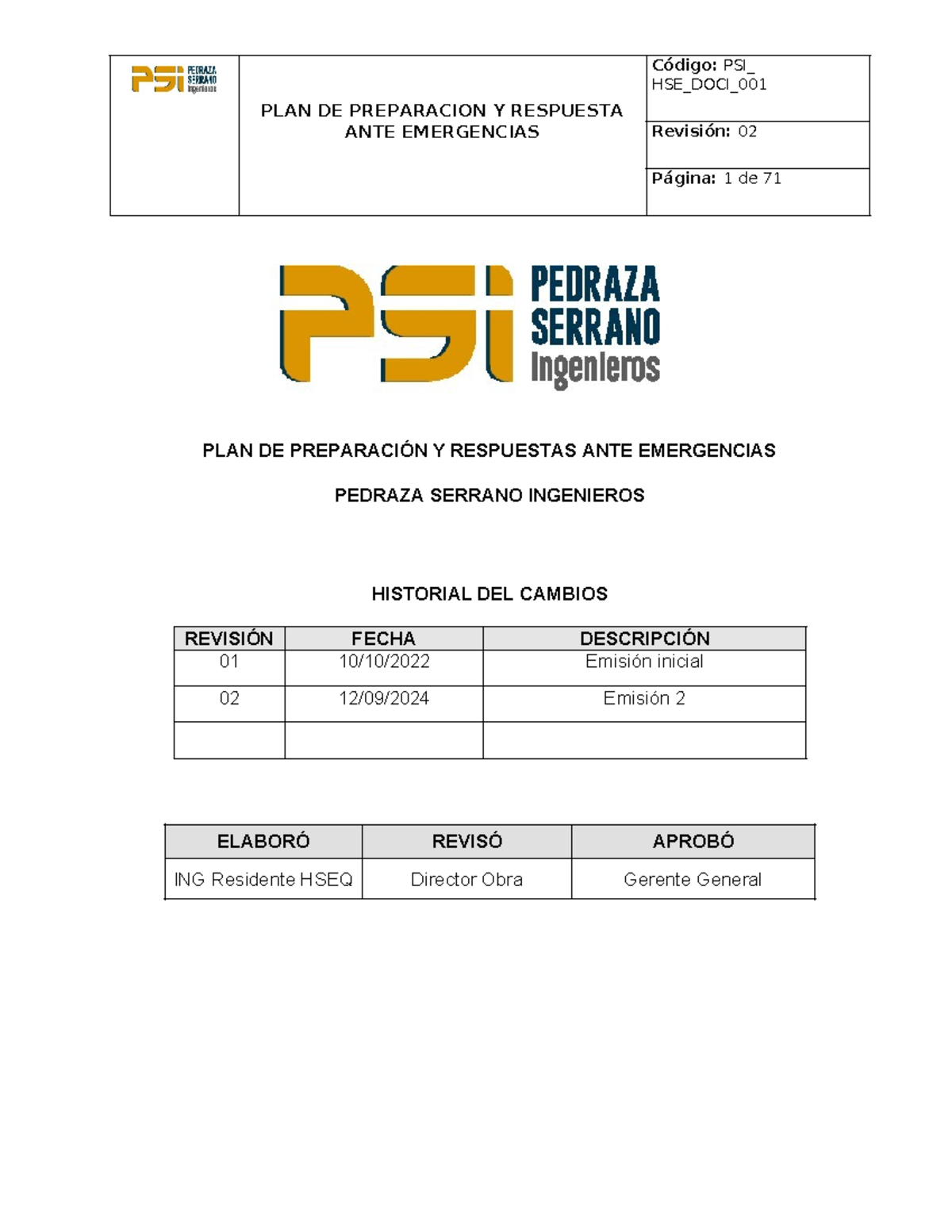 PLAN DE Emergencias PSI - PLAN DE PREPARACION Y RESPUESTA ANTE ...