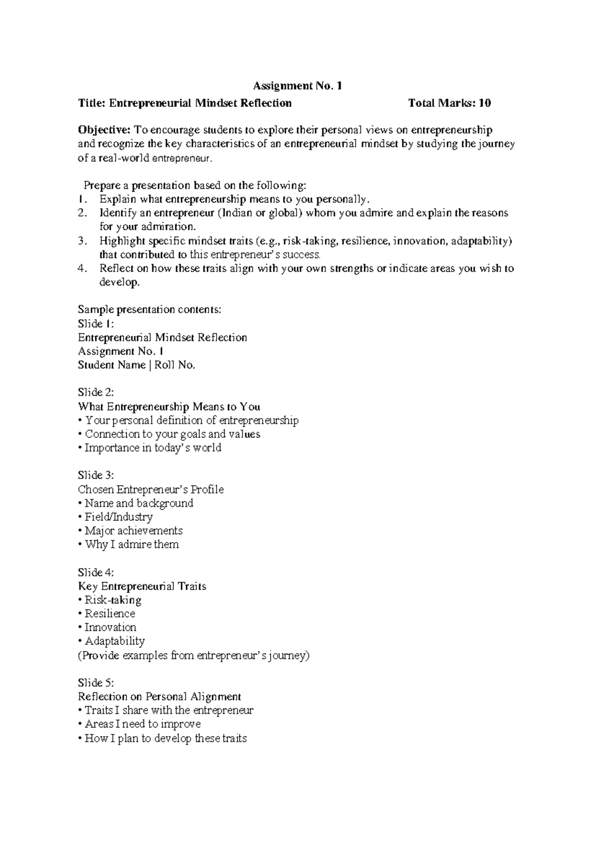 ED 101: Assignment 1 - Reflection on Entrepreneurial Mindset - Studocu