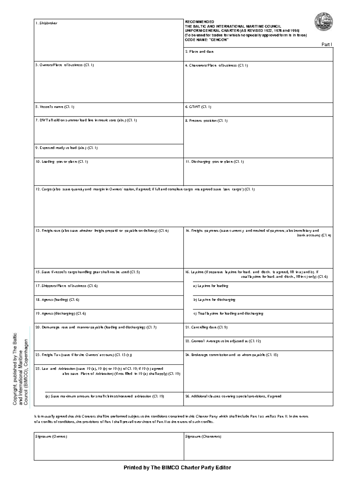 Gencon 94 Charter Party Agreement (Revised 1922, 1976, 1994) - Studocu