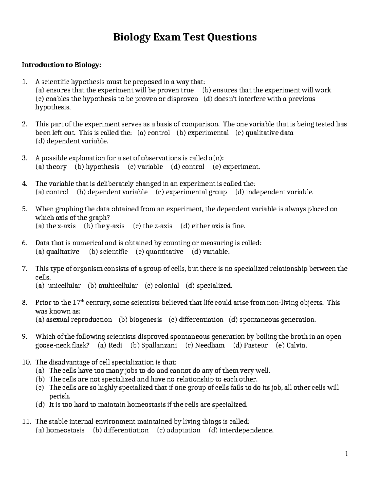 Biology 101: Comprehensive Exam Test Bank and Review Questions - Document Preview