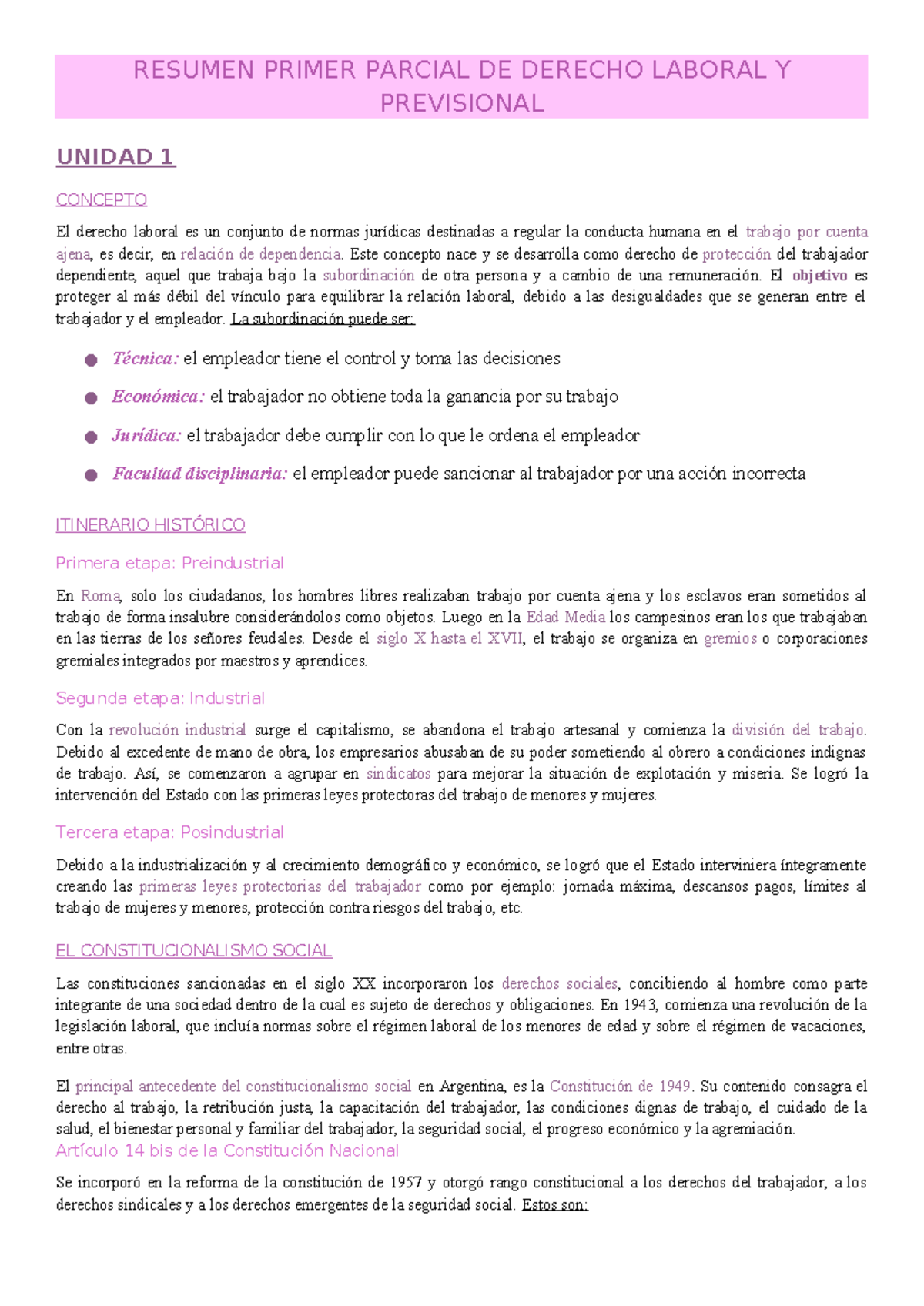 Resumen Primer Parcial de Derecho Laboral y Previsional - Unidad 1 ...
