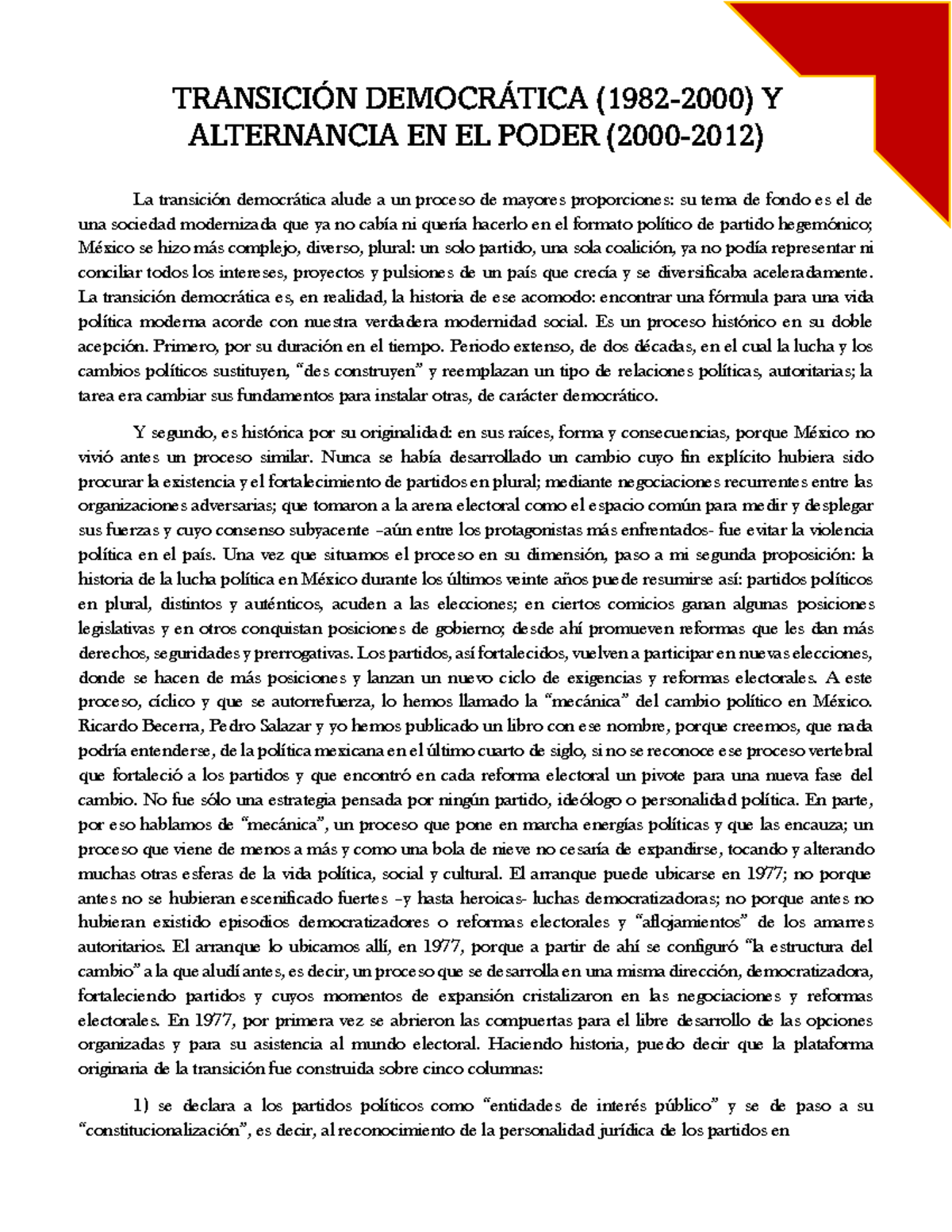 Transición Democrática y Alternancia en el Poder: 1982-2012 - Studocu