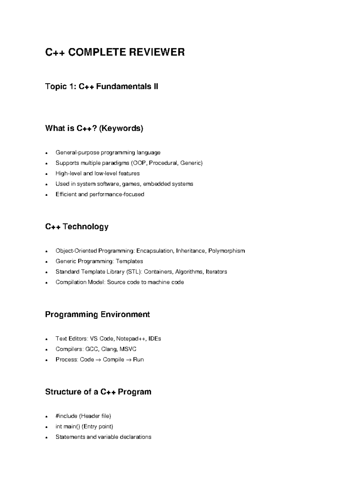 C++ Complete Reviewer: Fundamentals II Overview and Key Concepts - Studocu