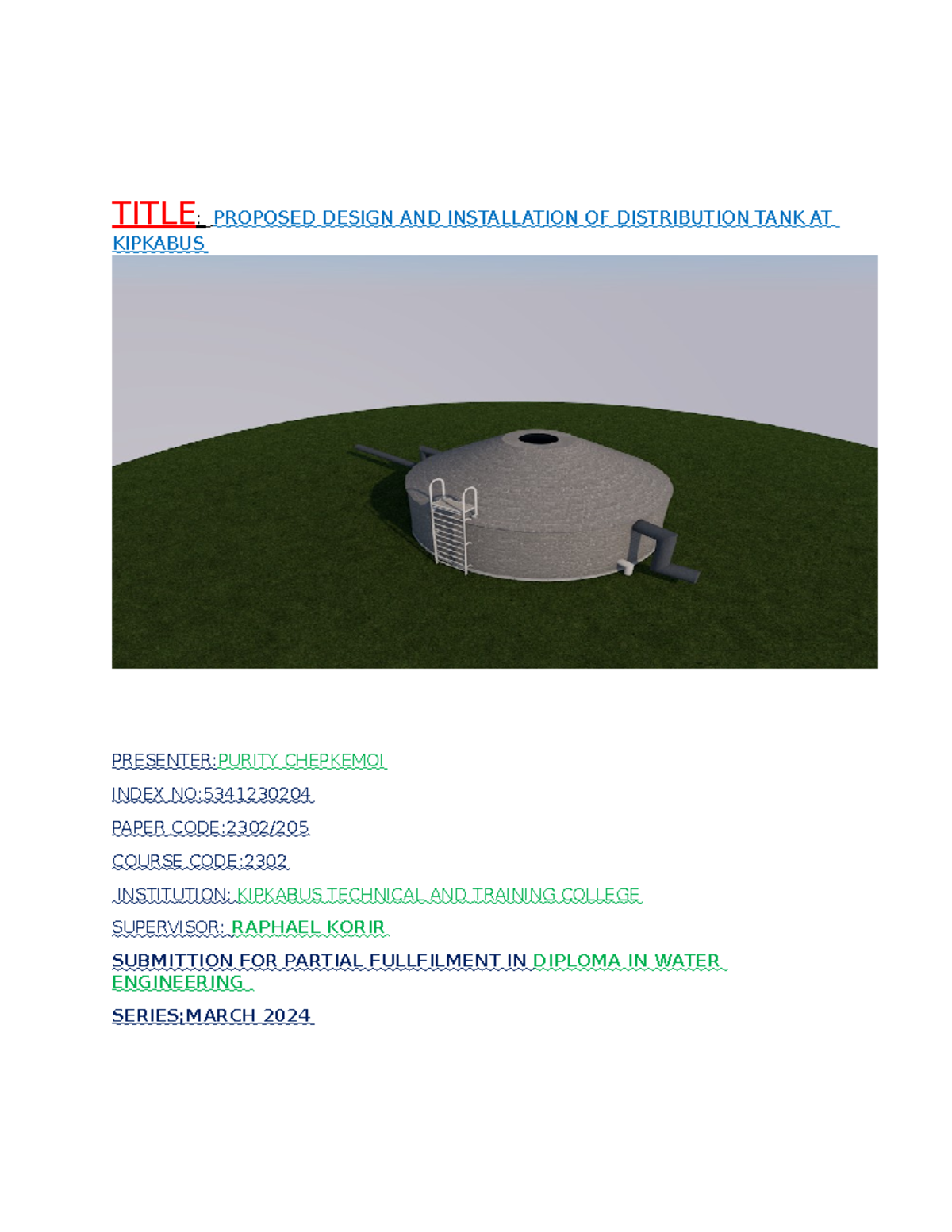 Proposed Installation of Water Distribution Tank - Diploma Project 2302 ...