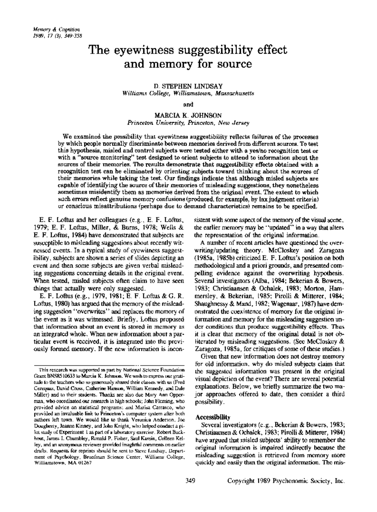 The Eyewitness Suggestibility Effect: Source Memory Analysis (PSY 1989 ...