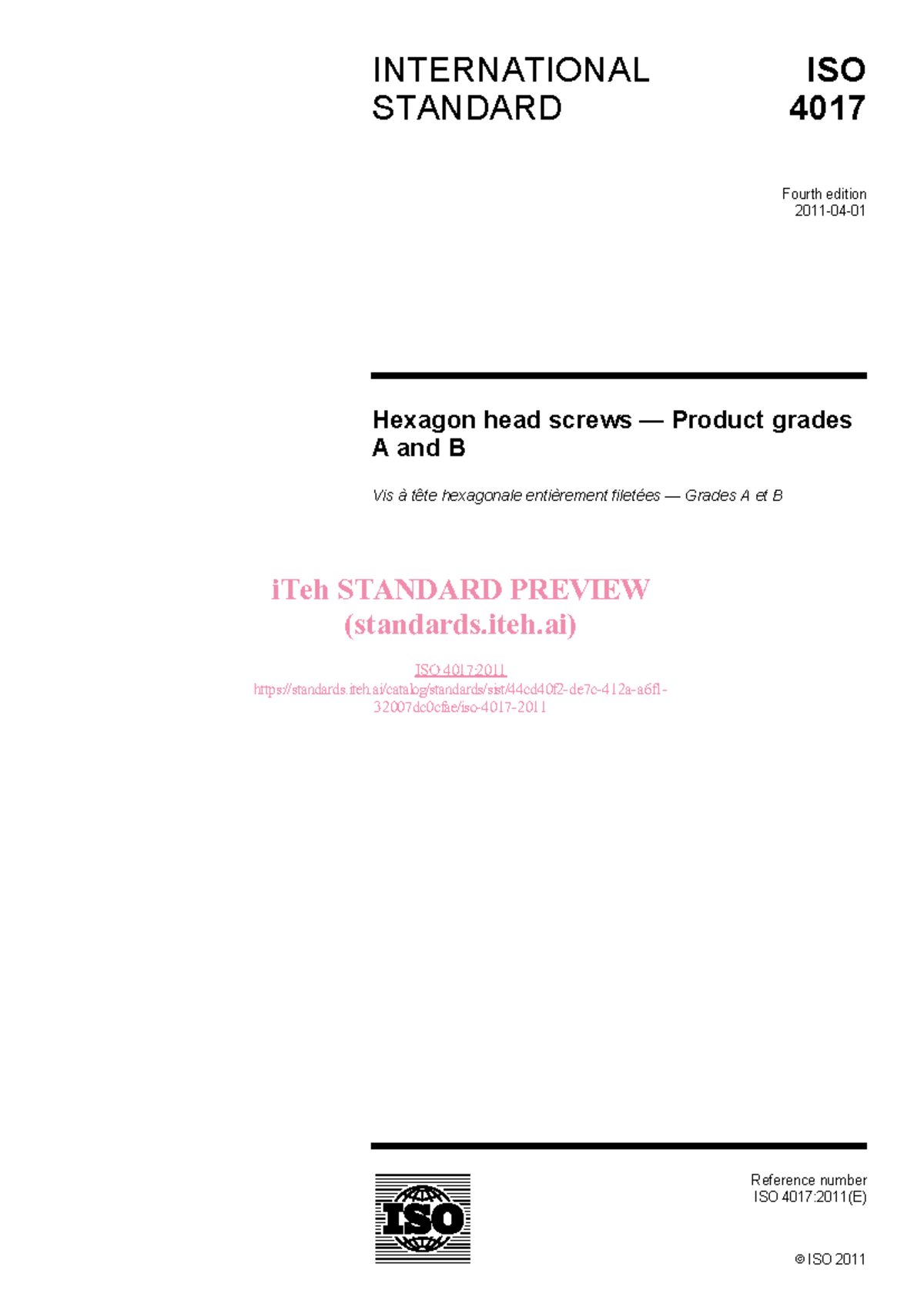 ISO 4017:2011 Hexagon Head Screws - Product Grades A & B Overview - Studocu