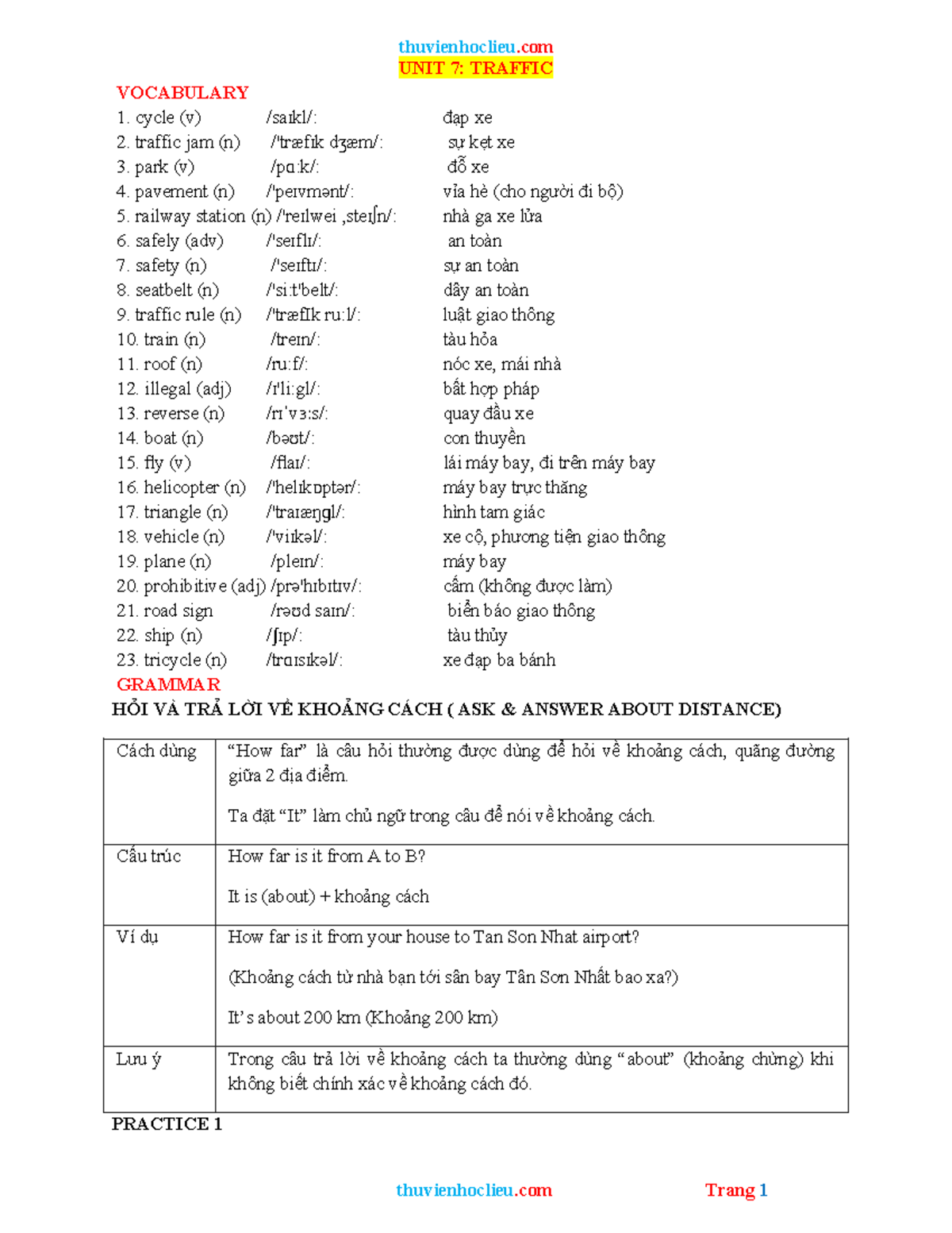 UNIT 7: TRAFFIC VOCABULARY & GRAMMAR NOTES (ENG) - Studocu