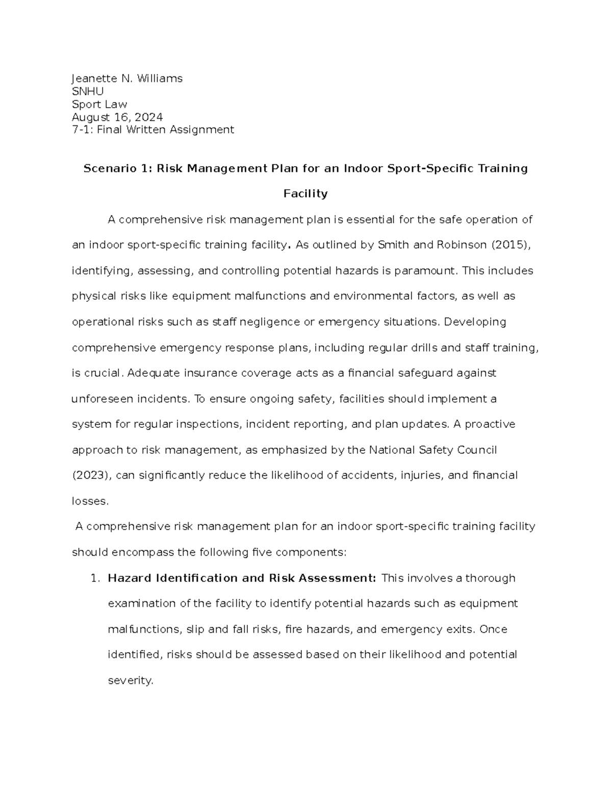 Sport Law SNHU 7-1 Final Writing Assignment: Risk Management & Coach ...