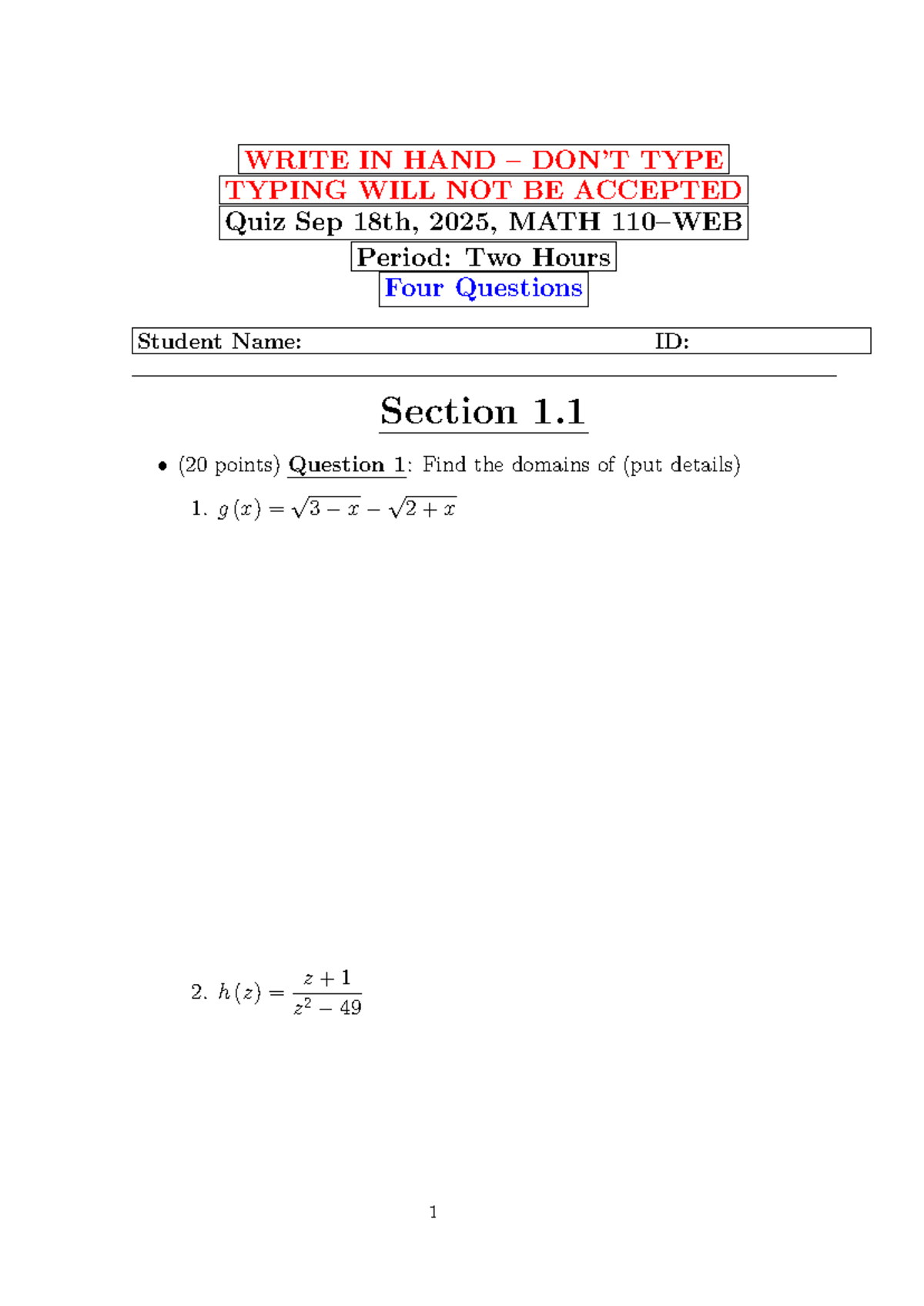 Quiz - MATH 110 Fall 2025: Domains & Functions Analysis - Studocu