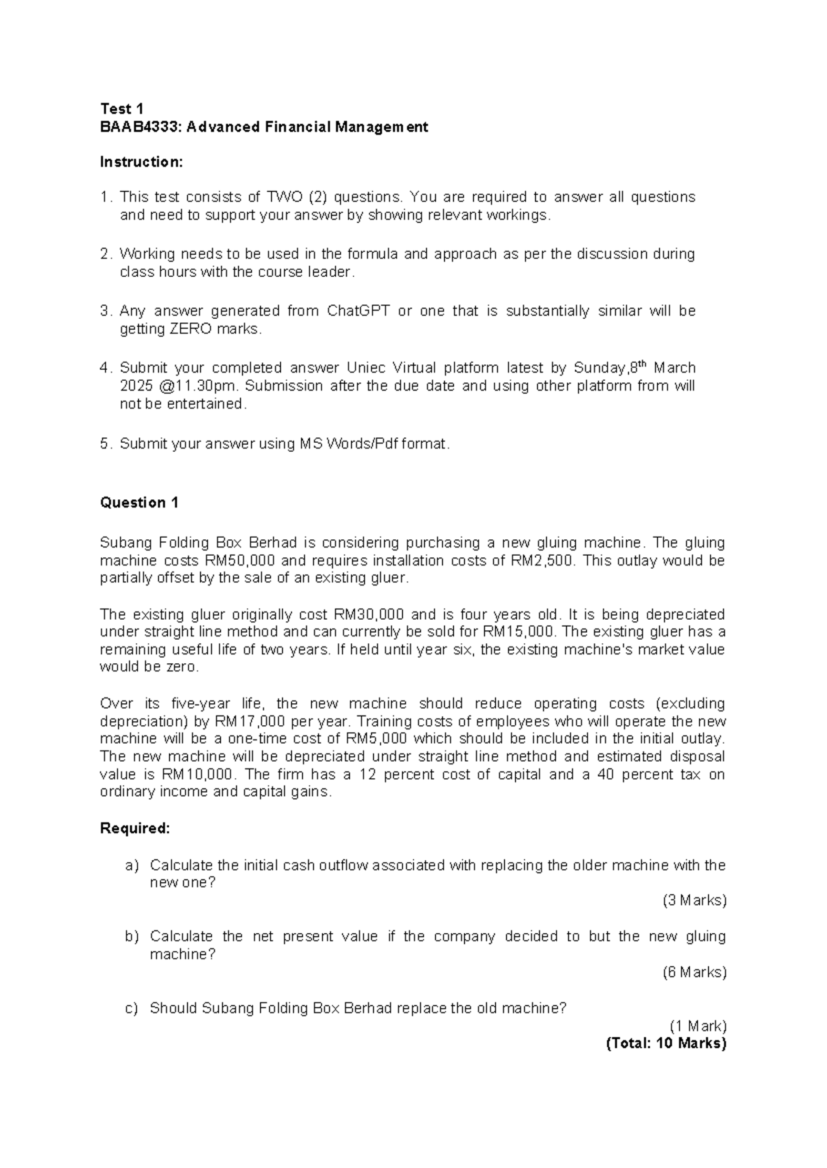 Test 1 - Advanced Financial Management: Sensitivity Analysis - Studocu