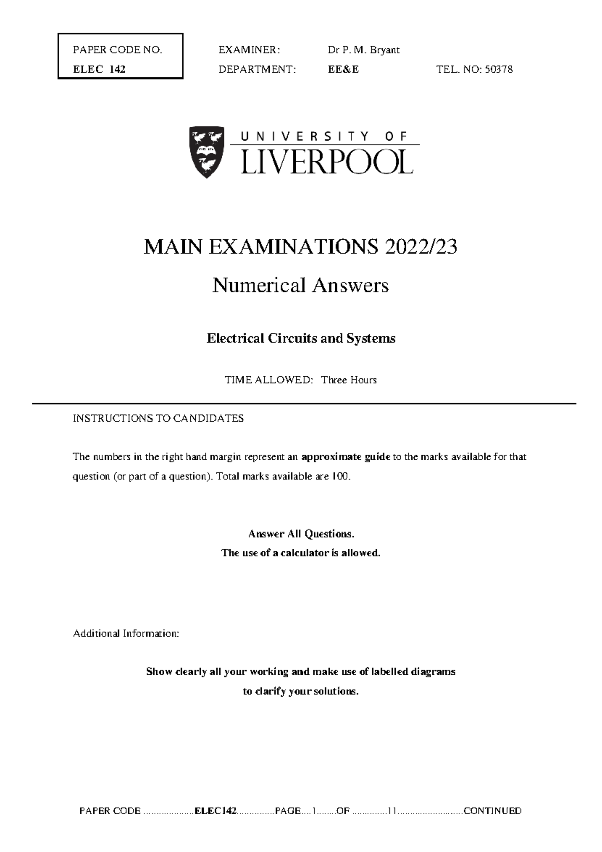 ELEC142 Main Exam 2022-23: Numerical Answers for Electrical Circuits ...