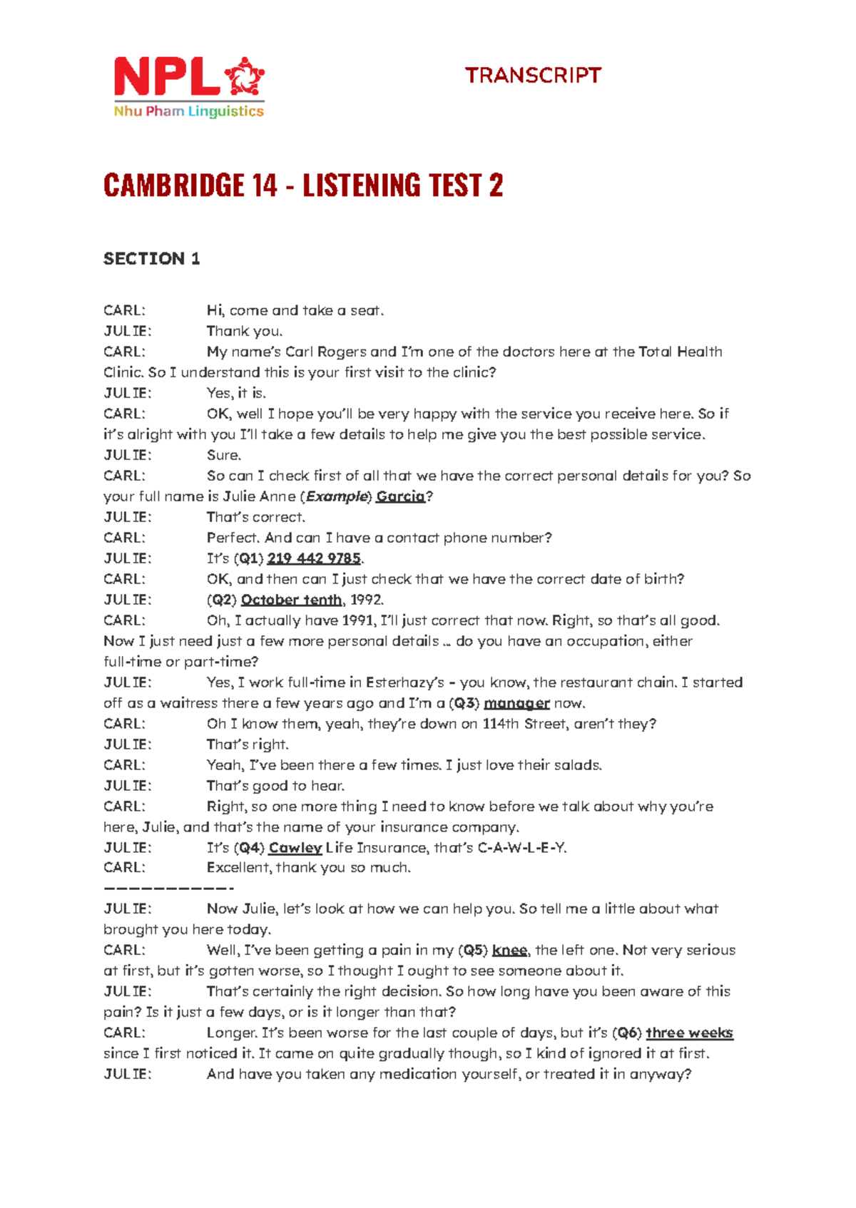 Cambridge 14 - Listening TEST 2 - TRANSCRIPT CAMBRIDGE 14 - LISTENING ...