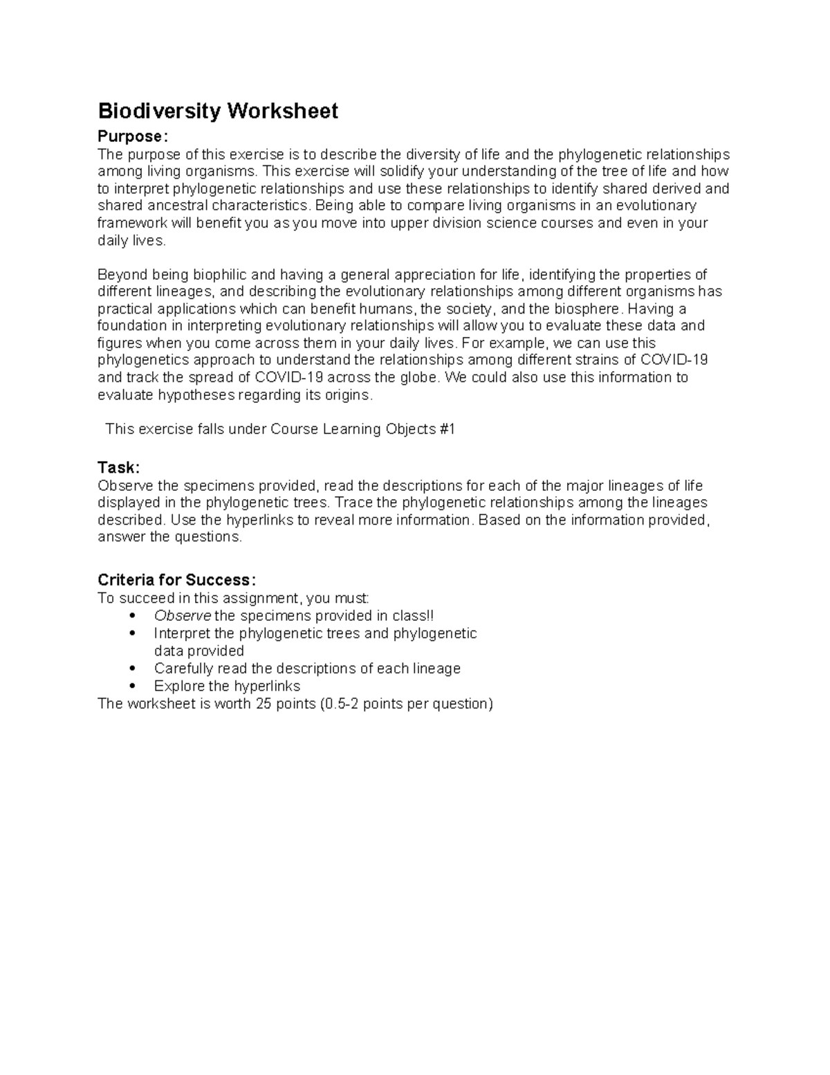 BIOL1108L Biodiversity Phylogenetics Worksheet F24 - Studocu