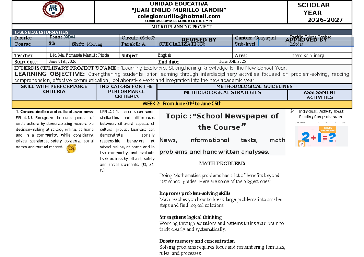 Micro-Planning Project for 8th Grade: Strengthening Knowledge - Studocu