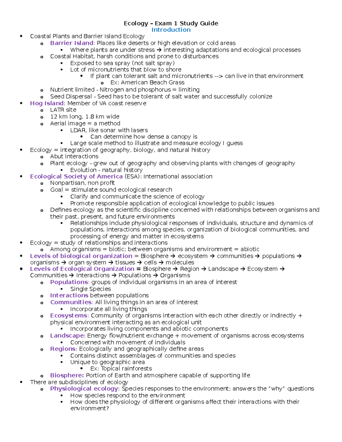 VCU BIOL 317: Ecology Exam 1 Study Guide Notes - Bissett - Studocu