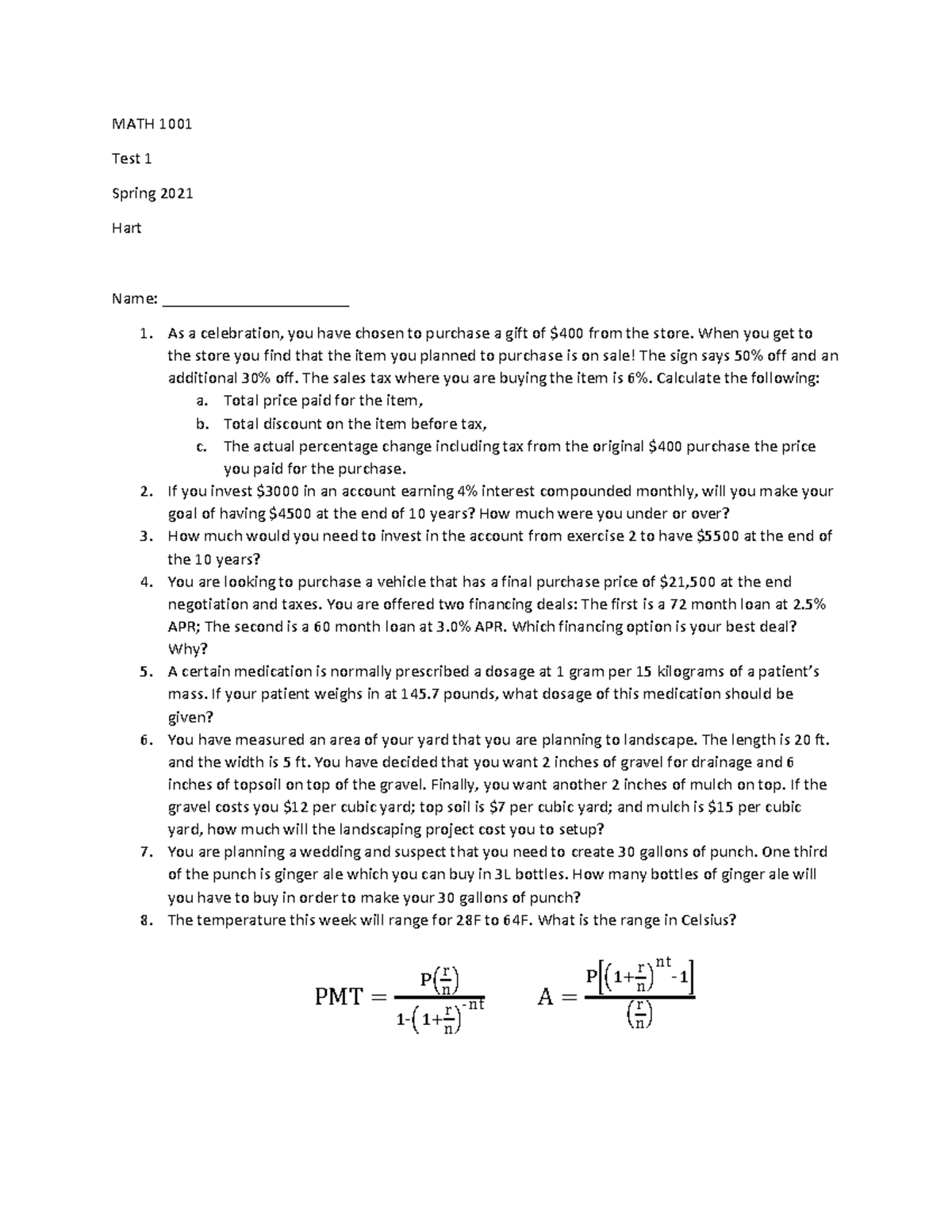MATH 1001-Test 1A - Test 1 practice - MATH 1001 Test 1 Spring 2021 Hart ...