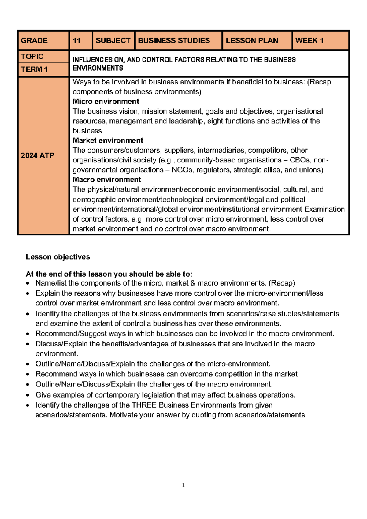 2024 Grade 11 Business Studies Lesson Plan: Influences on Business ...