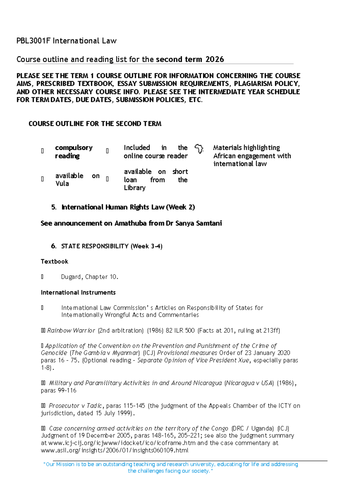 PBL3001F International Law Term 2 Course Outline & Readings - Studocu