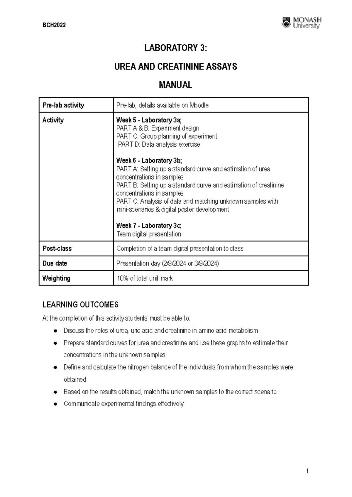 BCH2022 Lab 3 Manual: Urea and Creatinine Assays Guide - Studocu