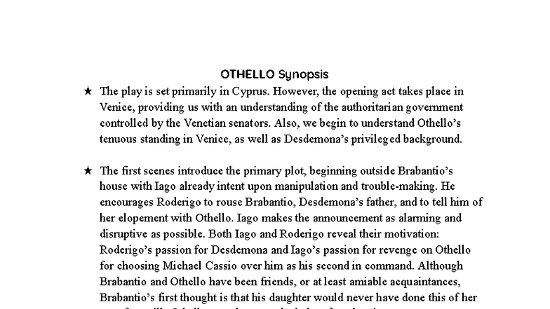 Othello Synopsis: Key Plot Points and Character Dynamics - Studocu
