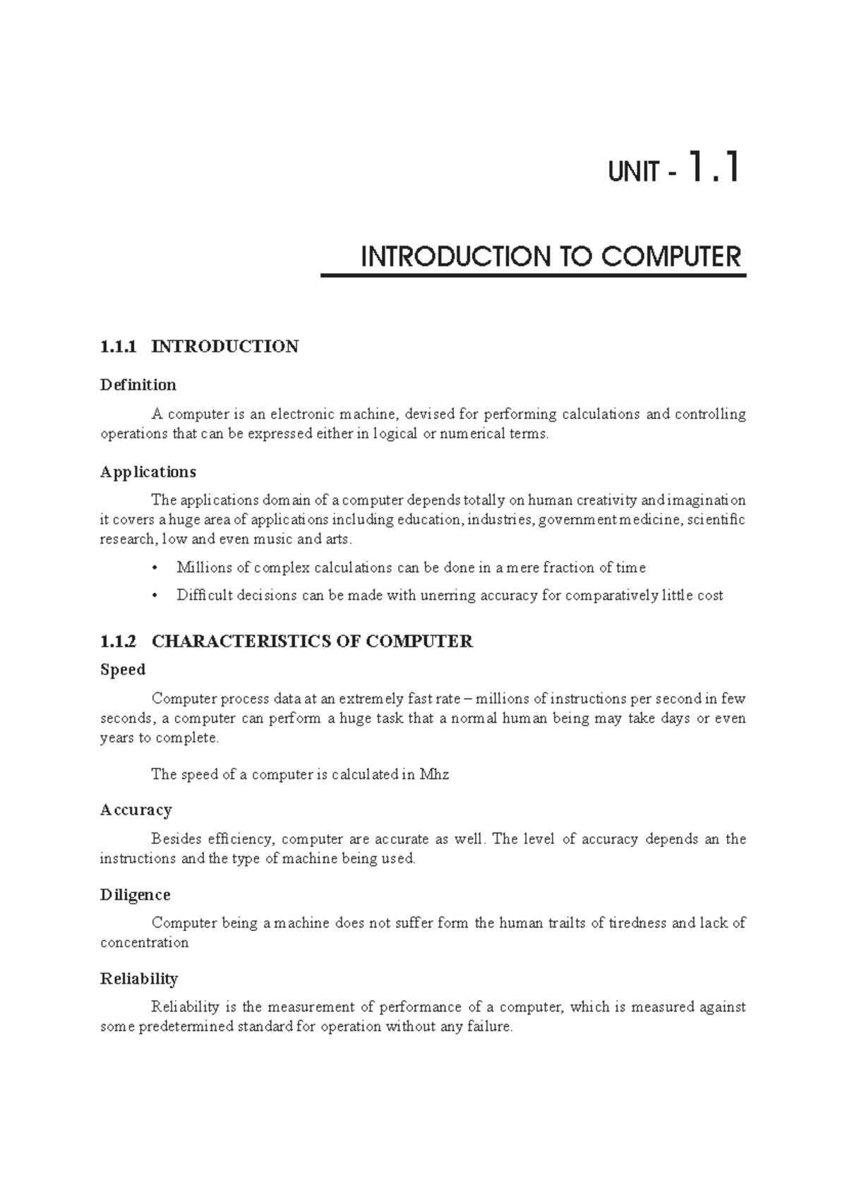 Computer Fundamentals and Characteristics - Notes (COMP 101) - Studocu