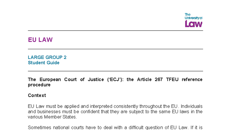 EU LAW LG02 CE01 Student Guide: Understanding Article 267 TFEU - Studocu
